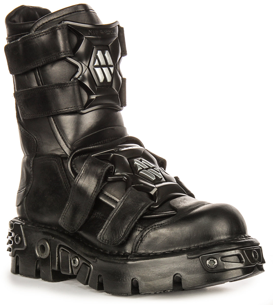 Newrock 422 Reactor In Black | 90s Shield Strap Design Leather