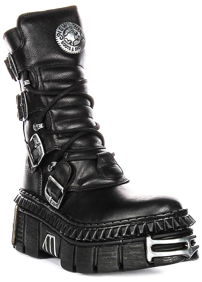 Newrock 373 Wall In Black | 4 Buckle Metalic Heel Lace Up Boot