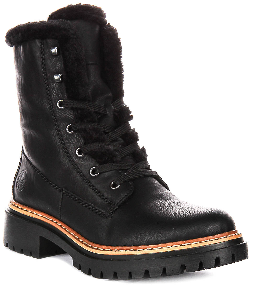 ®️riri Rieker 72625-00 In Black For Women | Lace Up Fur Linned Walking