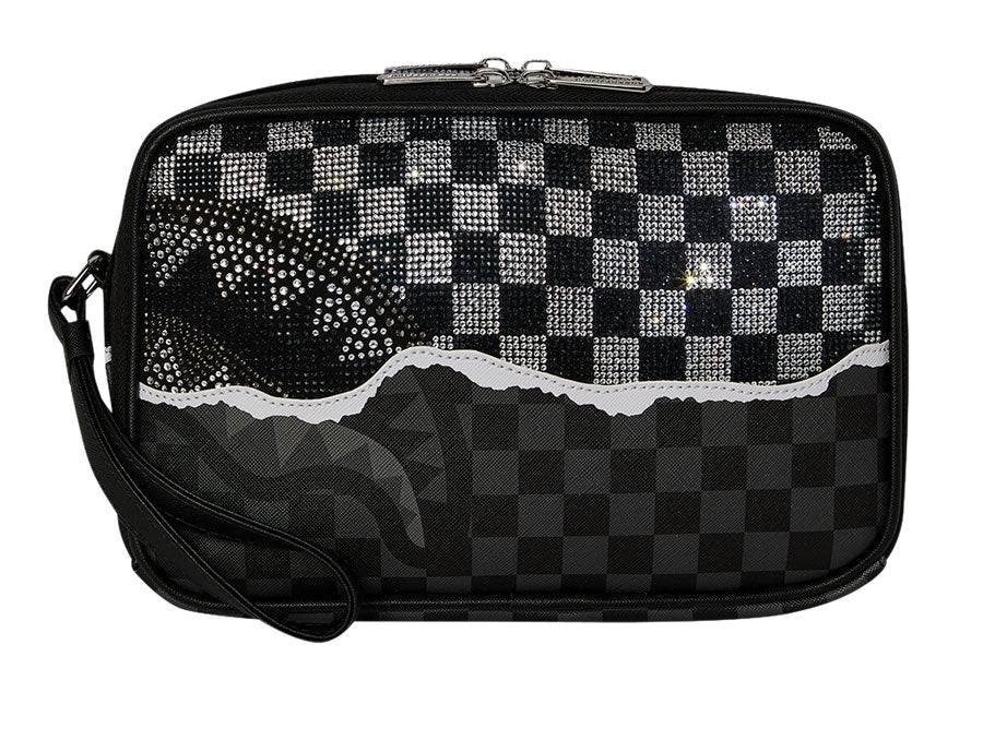 Sprayground Diamond Tear Toiletry Bag In Black Silver Check Print