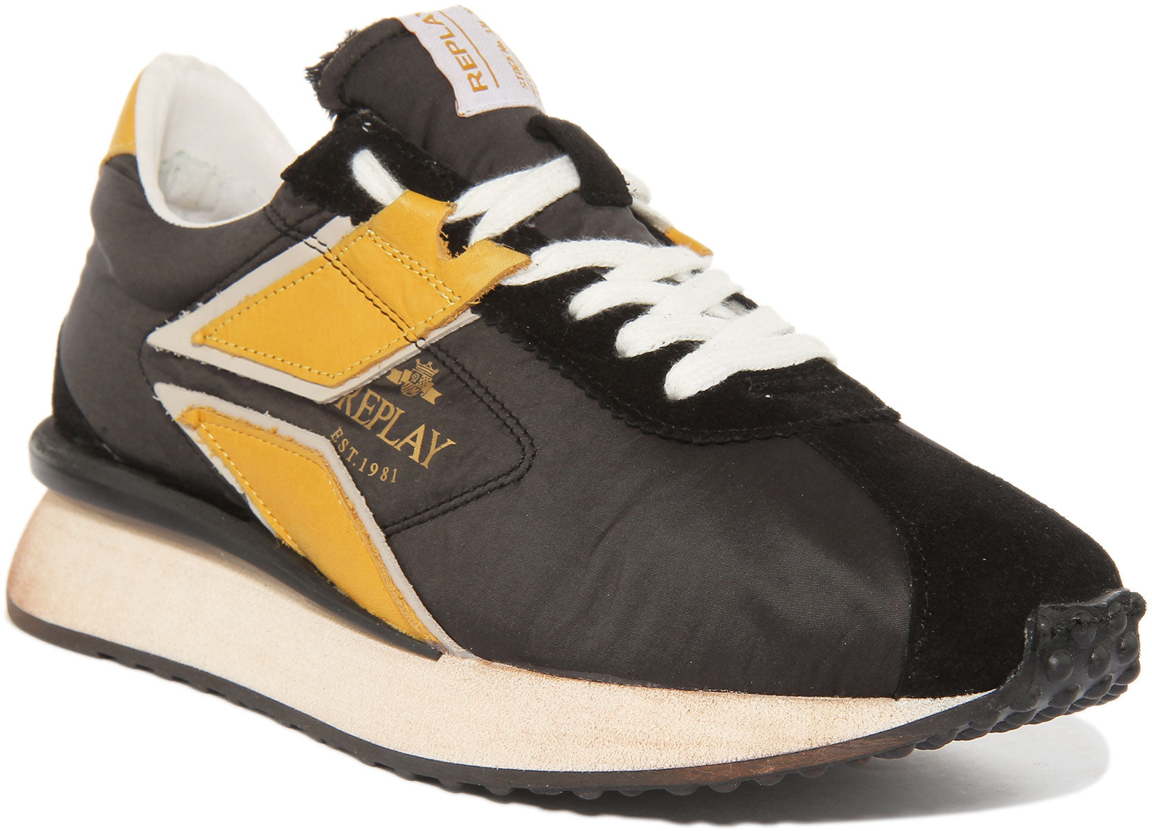 REPLAY 1981 Brand Black Leather Low Top Sneakers Logo Size 10