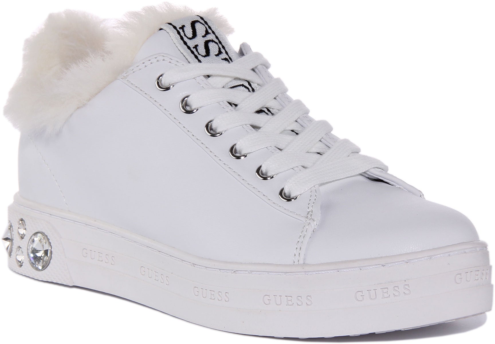 Guess Diamante Sole Rivet White for Women | Faux Fur Lace Up Sneakers