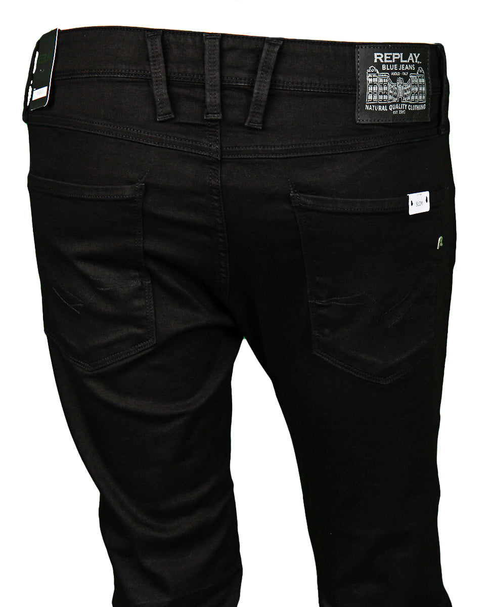 Replay Anbass Hyperflex Slim Jeans In Black For Men