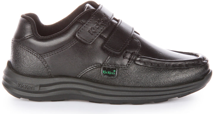 Kickers Reasan Twin Vel Zapatos colegiales de piel con doble tira autoadherente para niños en negro