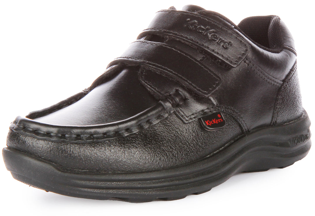 Kickers Reasan Twin Vel Zapatos colegiales de piel con doble tira autoadherente para niños en negro