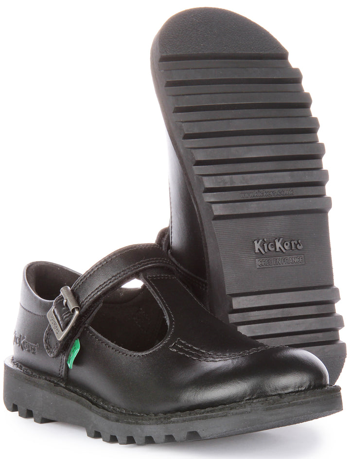 Kickers Kick T Bar Zapatos de piel con tira autoadherente para jóvenes en negro
