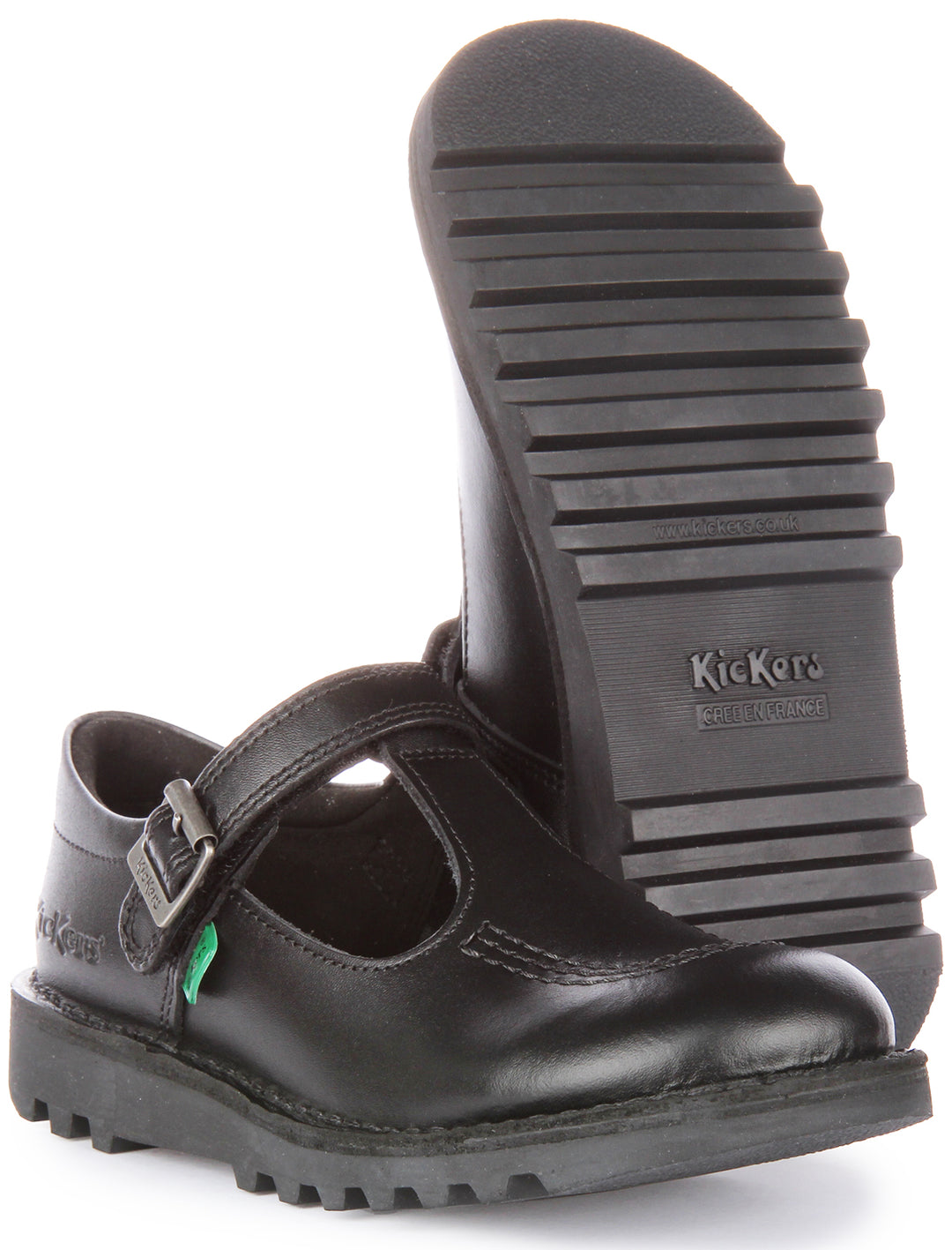 Kickers Kick T Bar Zapatos de piel con tira autoadherente para niño en negro