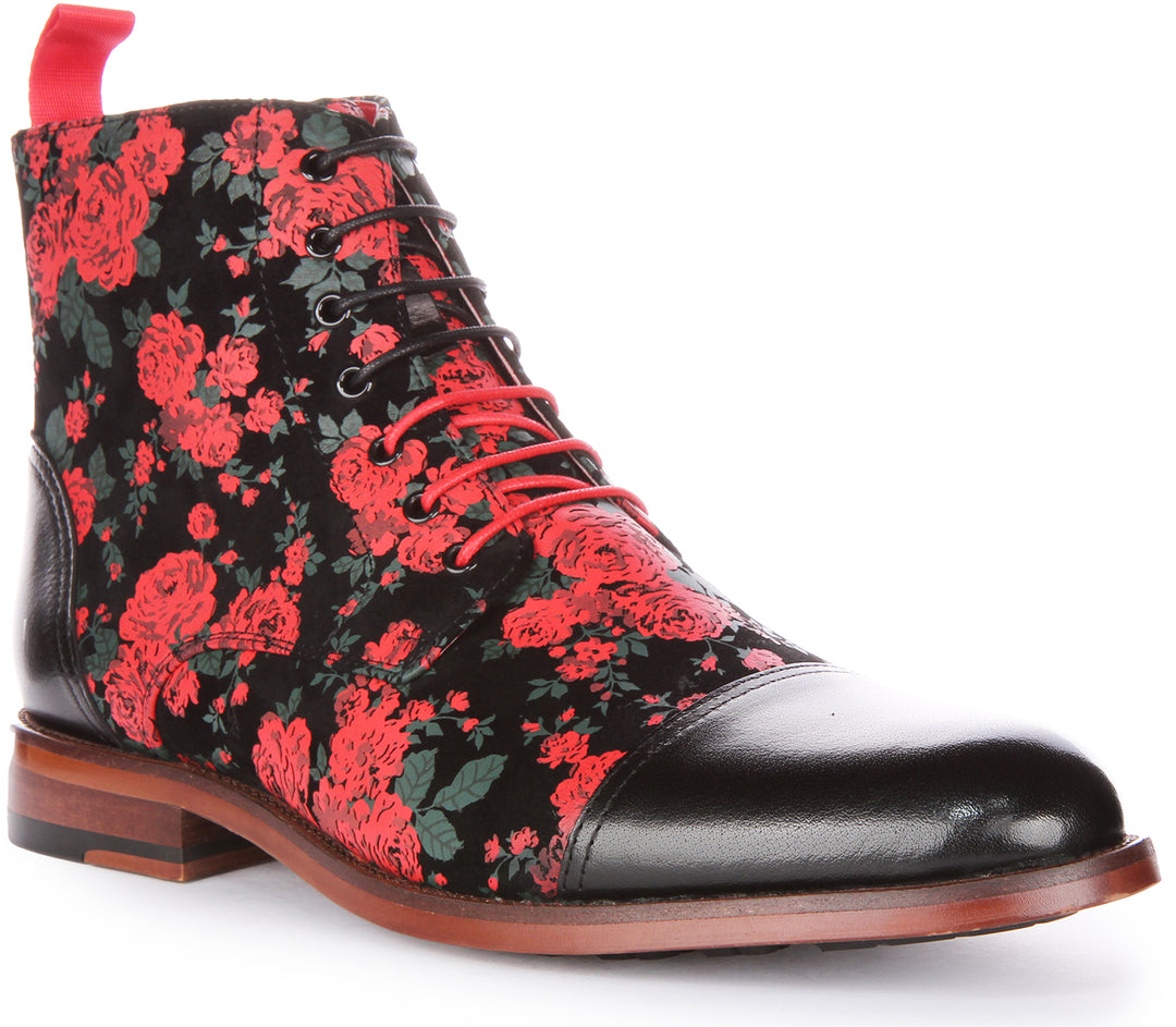 JUST REESS George Herren Schnürung Leder Blumen Druck Stiefelette Schwarz