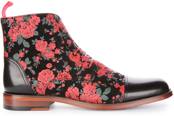 JUSTINREESS George Botines con cordones de piel con estampado floral para hombre en negro