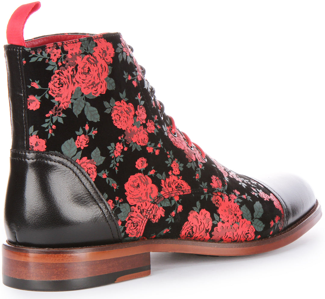 JUSTINREESS George Botines con cordones de piel con estampado floral para hombre en negro