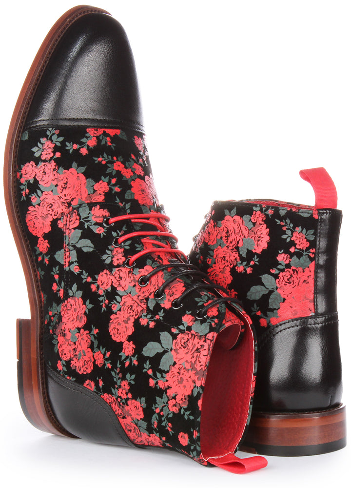 JUSTINREESS George Bottines à lacets en cuir à imprimé floral pour hommes en noir