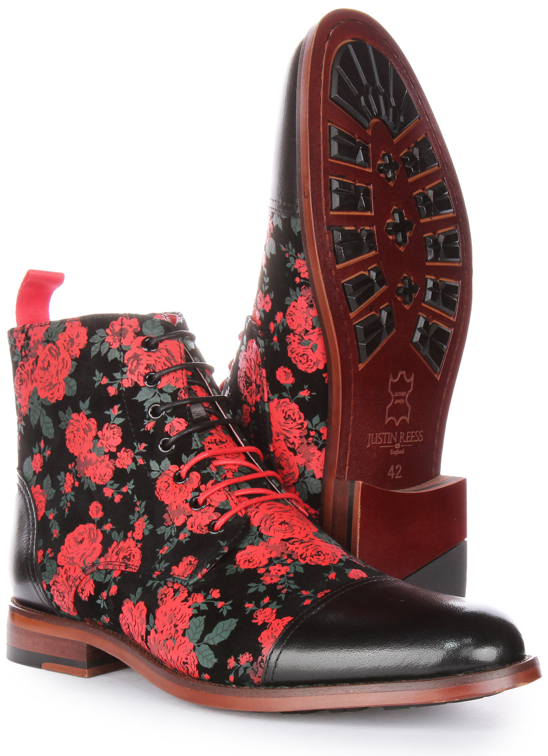 JUSTINREESS George Botines con cordones de piel con estampado floral para hombre en negro