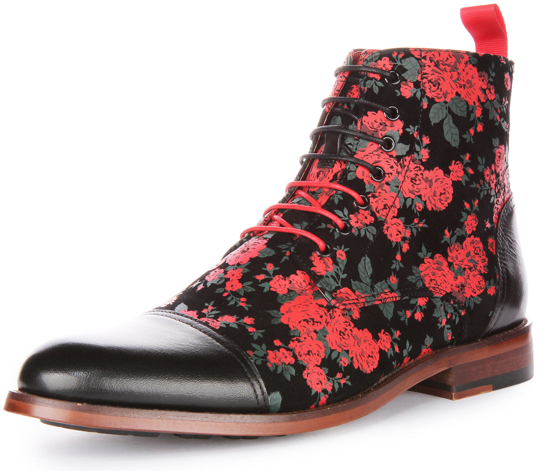 JUSTINREESS George Bottines à lacets en cuir à imprimé floral pour hommes en noir