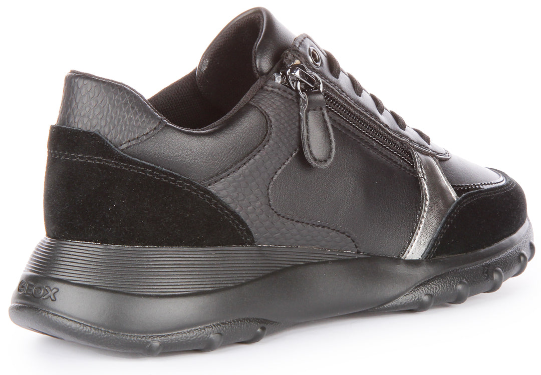 Geox D Alleniee B Zapatillas con cordones y cremallera lateral en piel para mujer en negro