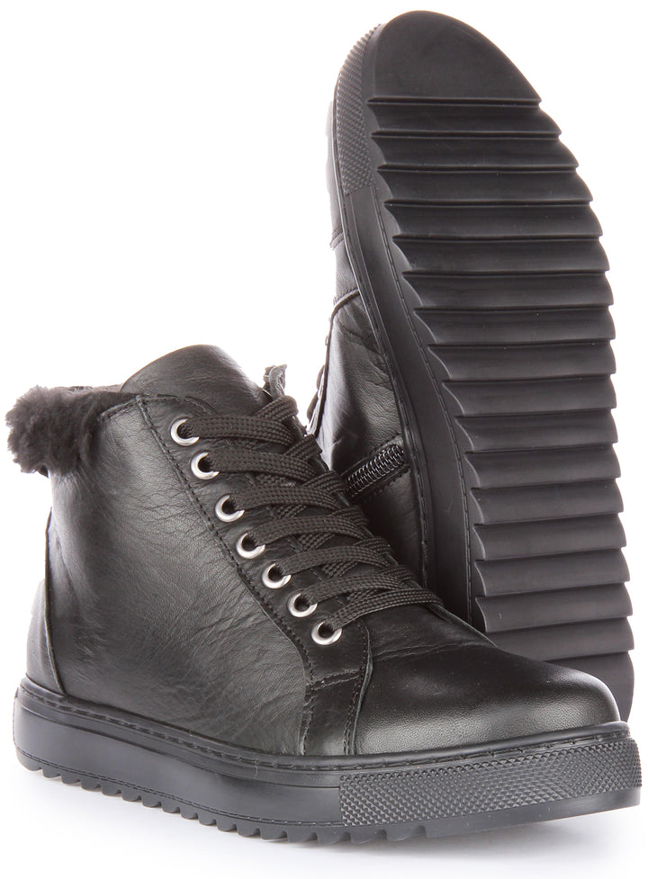 JUSTINREESS Leona Scarpe da ginnastica allacciate in pelle con zip laterale da donna in nero