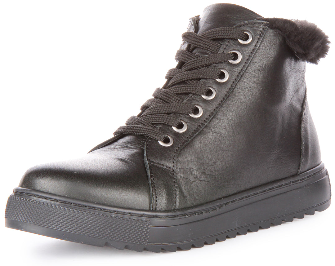 JUSTINREESS Leona Scarpe da ginnastica allacciate in pelle con zip laterale da donna in nero