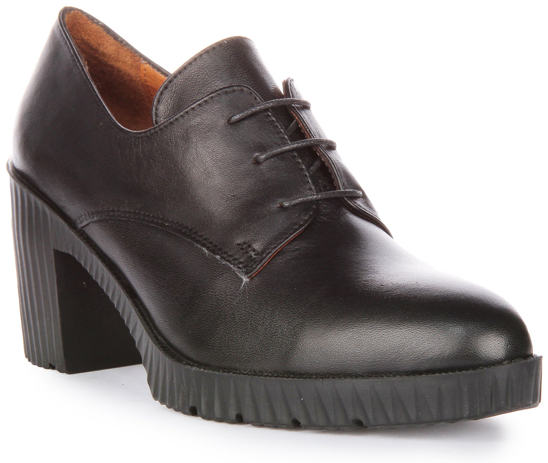 JUSTINREESS Eden Scarpe Oxford con tacco medio in pelle allacciate da donna in nero