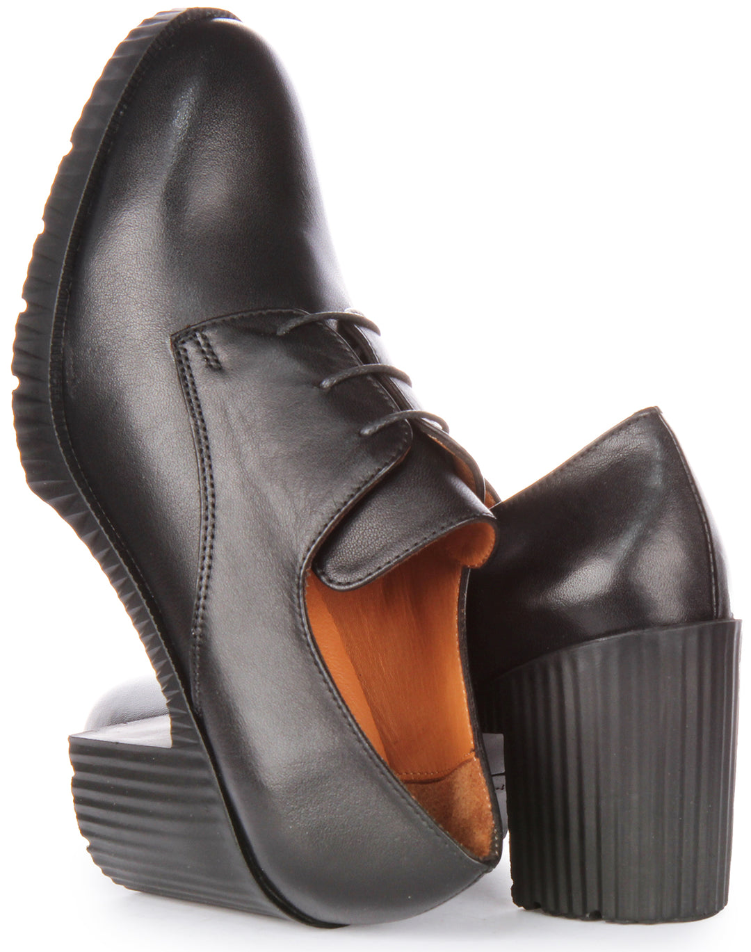 JUSTINREESS Eden Scarpe Oxford con tacco medio in pelle allacciate da donna in nero