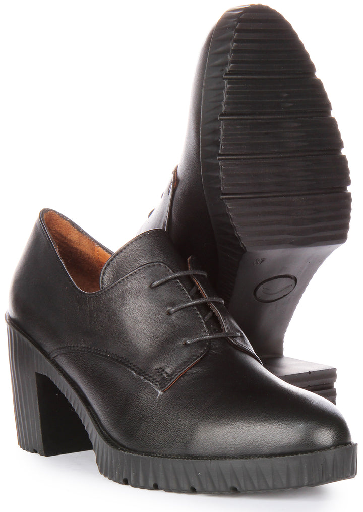 JUSTINREESS Eden Scarpe Oxford con tacco medio in pelle allacciate da donna in nero