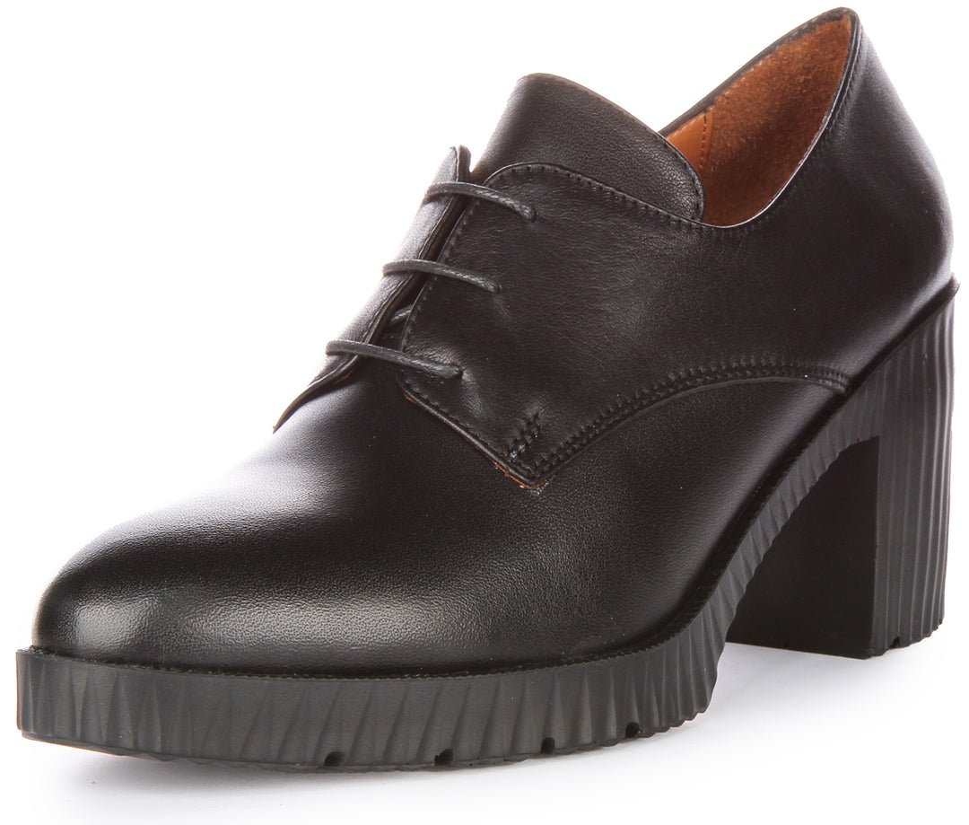 JUSTINREESS Eden Scarpe Oxford con tacco medio in pelle allacciate da donna in nero