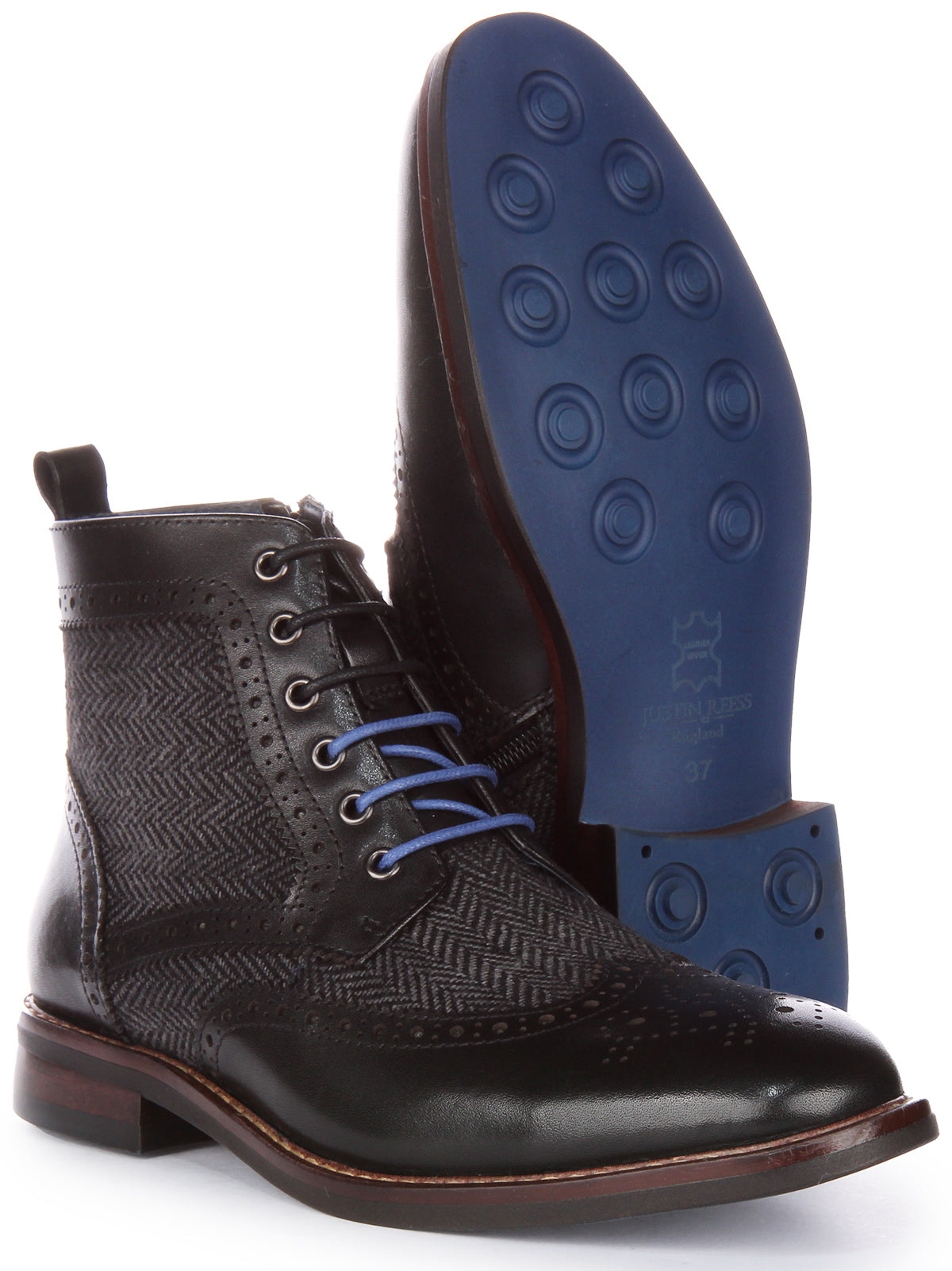 Justinreess England Womens Lace up Black Tweed Leather Ankle Boots ...