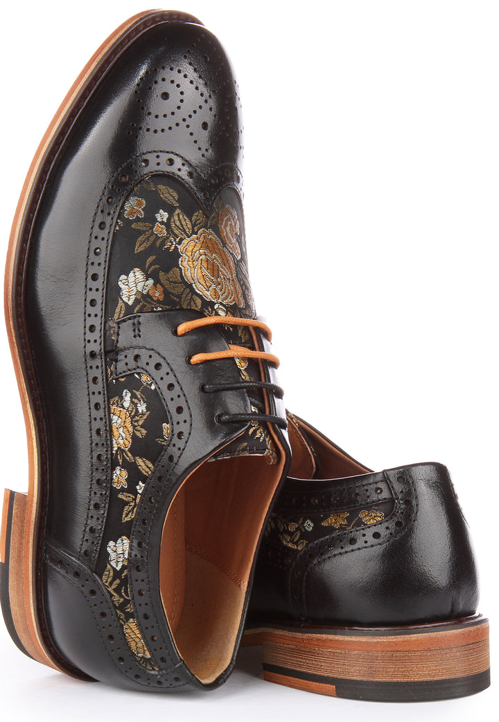 JUSTINREESS Ross W Zapatos de cordón de cuero con flores para mujer en negro
