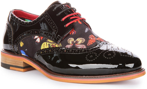 JUSTINREESS Julius W Chaussures à lacets en cuir verni imprimé papillon pour femmes en noir