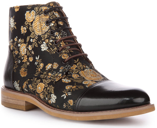 JUSTINREESS Adam W Bottines à lacets en cuir à motif fleuri pour femmes en noir