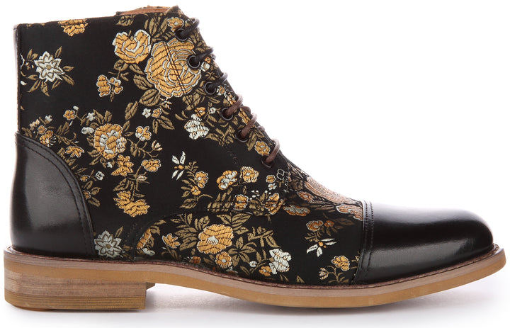 JUSTINREESS Adam W Bottines à lacets en cuir à motif fleuri pour femmes en noir