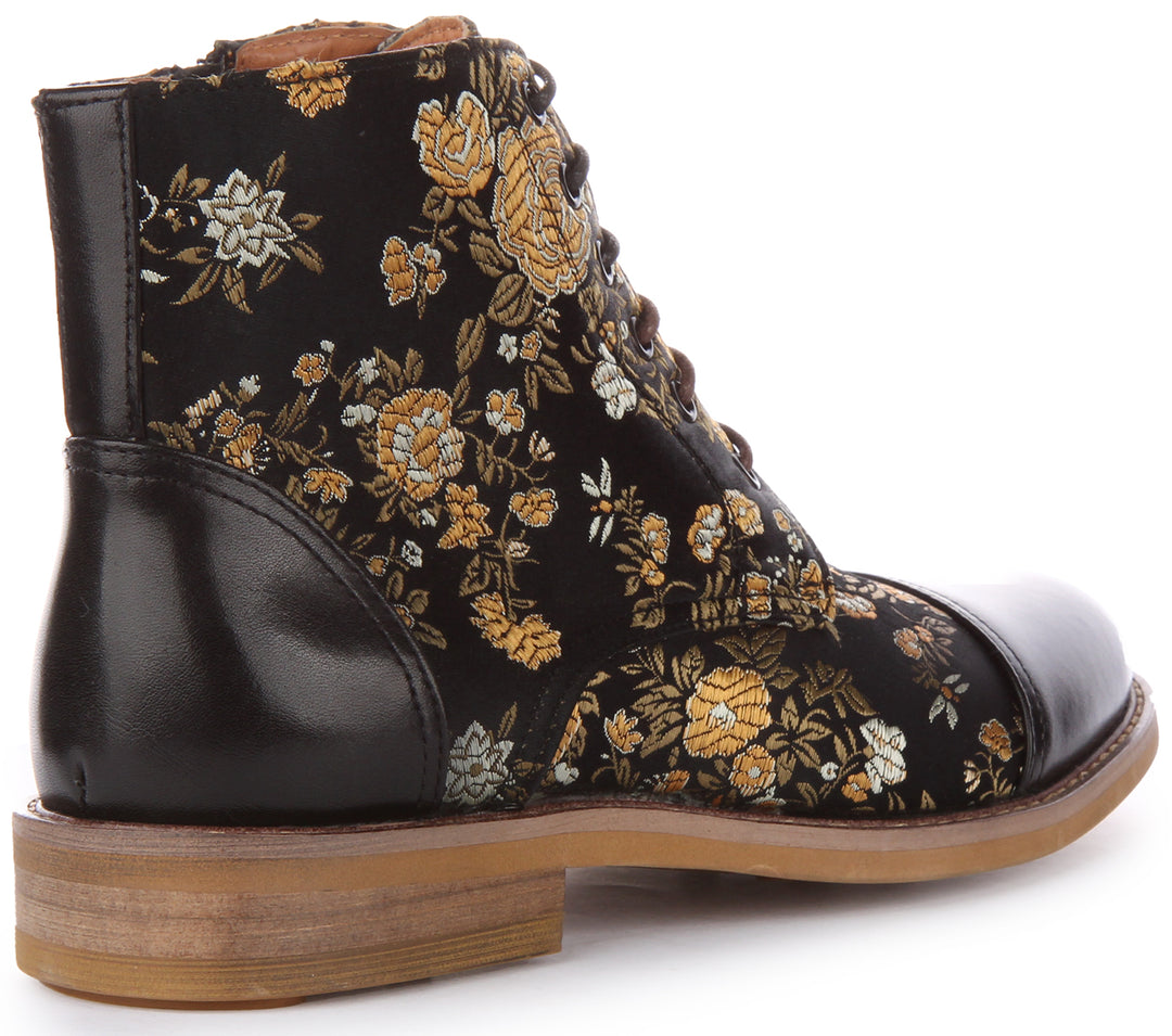 JUST REESS Adam W Frauen Schnüren Blumen Leder Stiefelette Schwarz