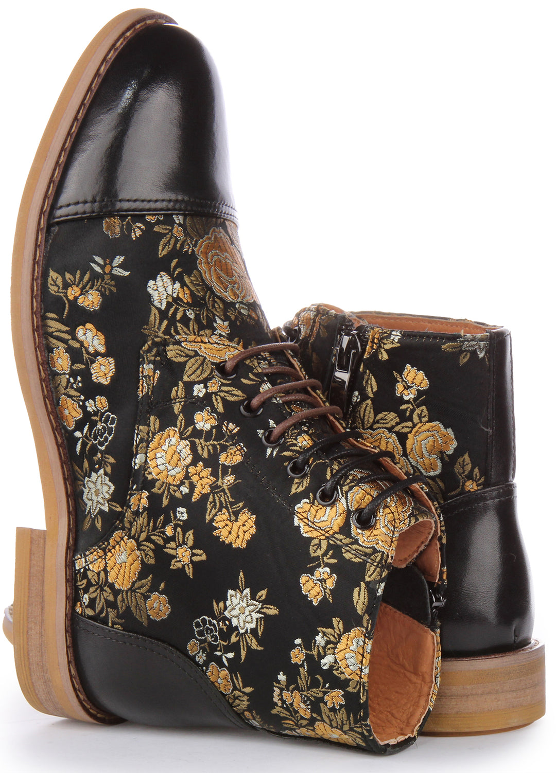 JUSTINREESS Adam W Bottines à lacets en cuir à motif fleuri pour femmes en noir