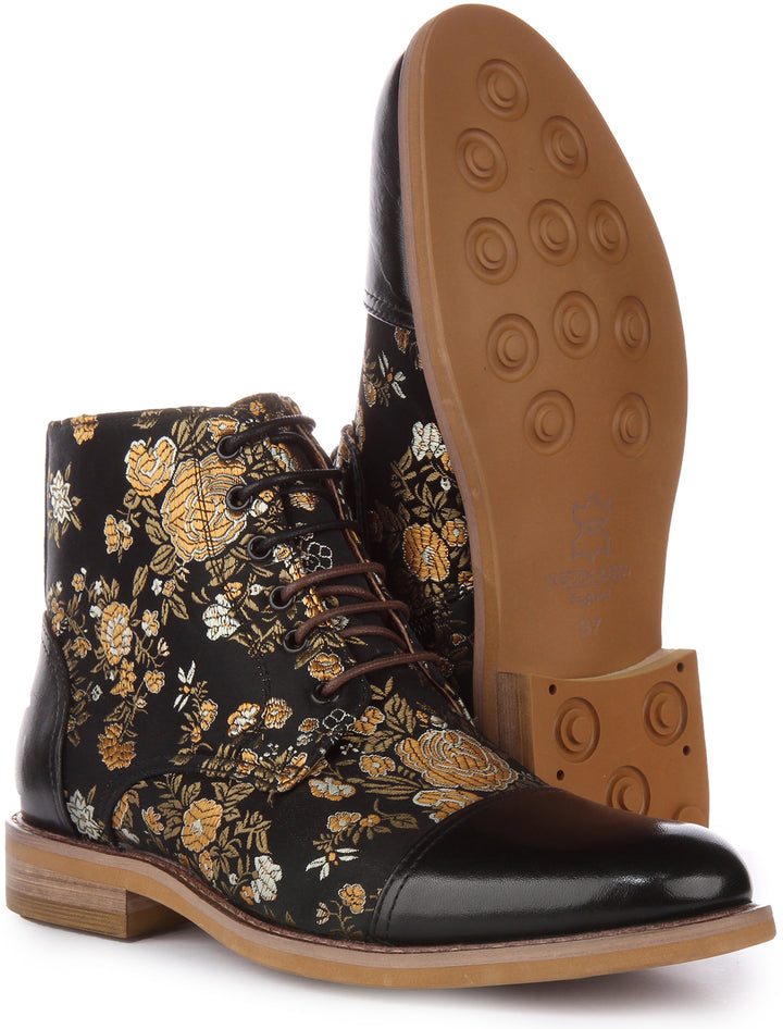 JUSTINREESS Adam W Bottines à lacets en cuir à motif fleuri pour femmes en noir