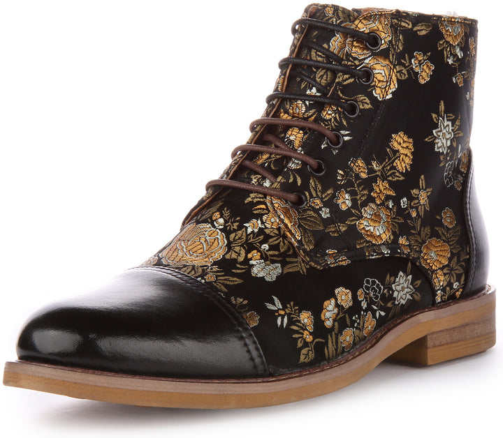 JUSTINREESS Adam W Bottines à lacets en cuir à motif fleuri pour femmes en noir