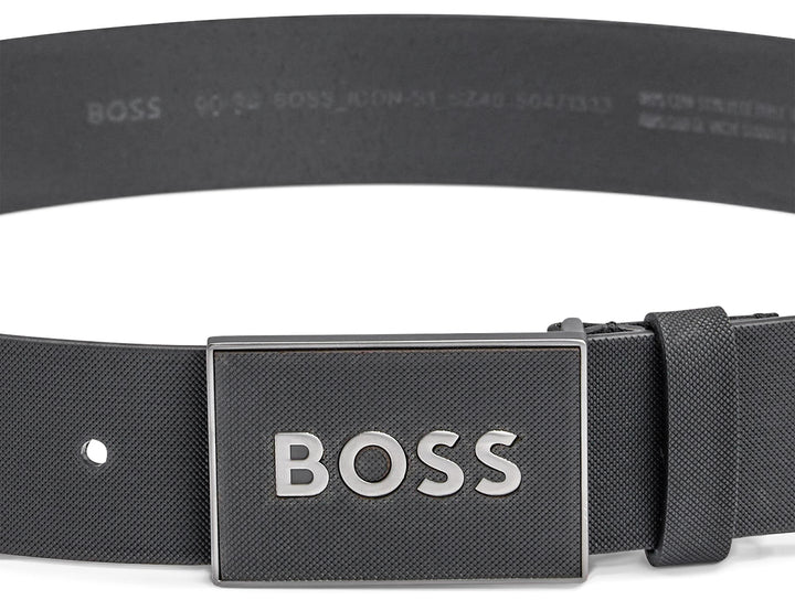 Boss Plate Logo Leather Cintura in Pelle da Uomo Nera