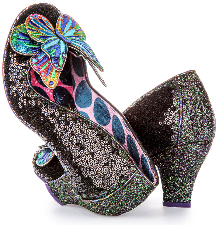 Irregular Choice Madam Mariposa Sequin Farfalla tridimensionale Sneakers con tacco da donna in altri tessuti color nero