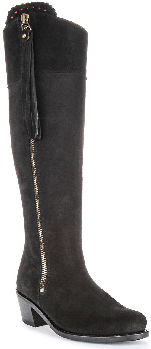 Justinreess Angleterre Valentina Slim Talon Haut Côté à Fermeture Éclair avec Pompon Bottes Hautes en Daim Cuir pour Femmes en Noir