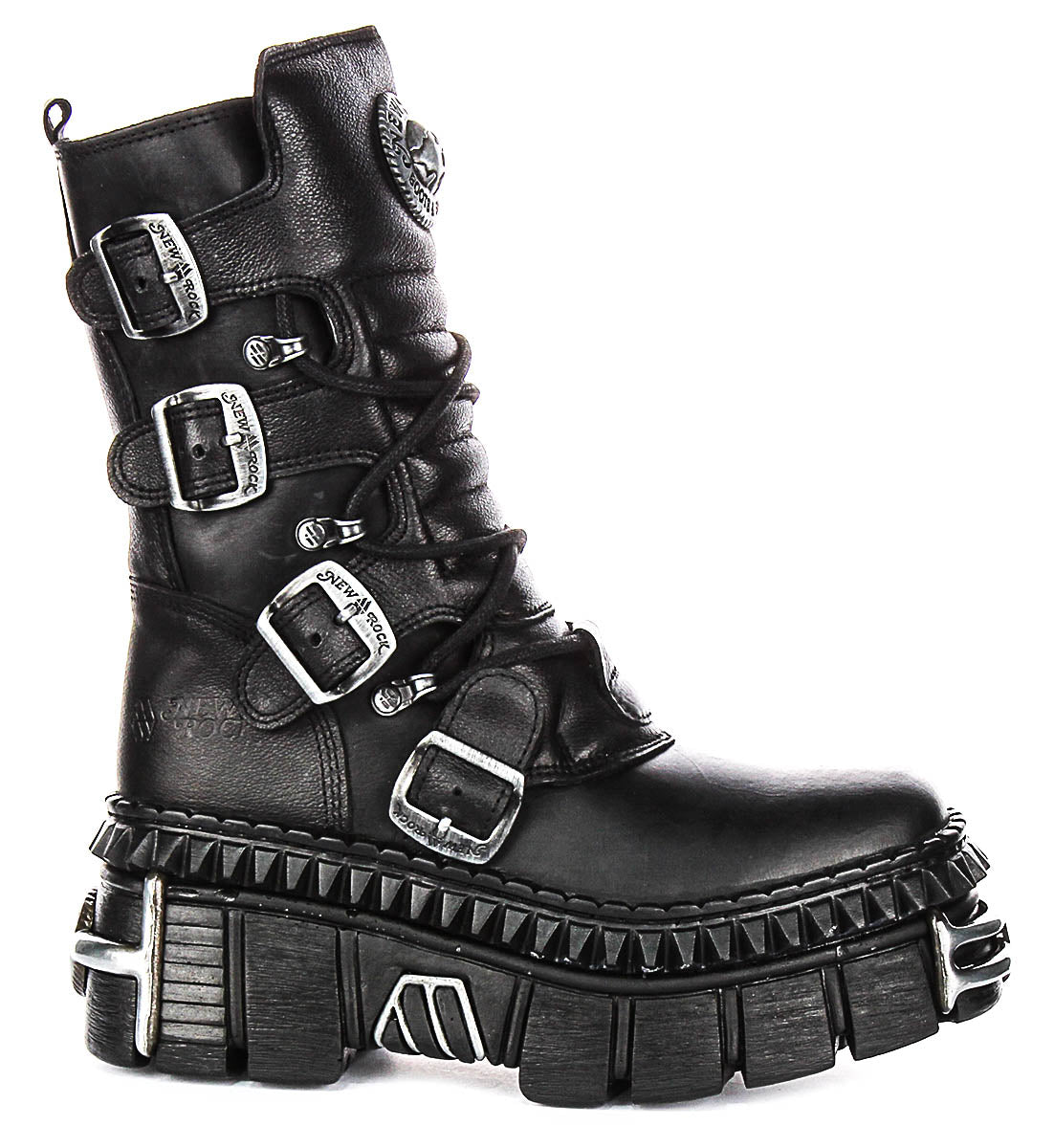 Newrock 373 Wall In Black | 4 Buckle Metalic Heel Lace Up Boot