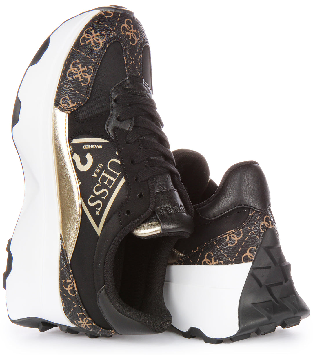 Guess Calebb Triangle Logo Trainer In Black Brown For Women