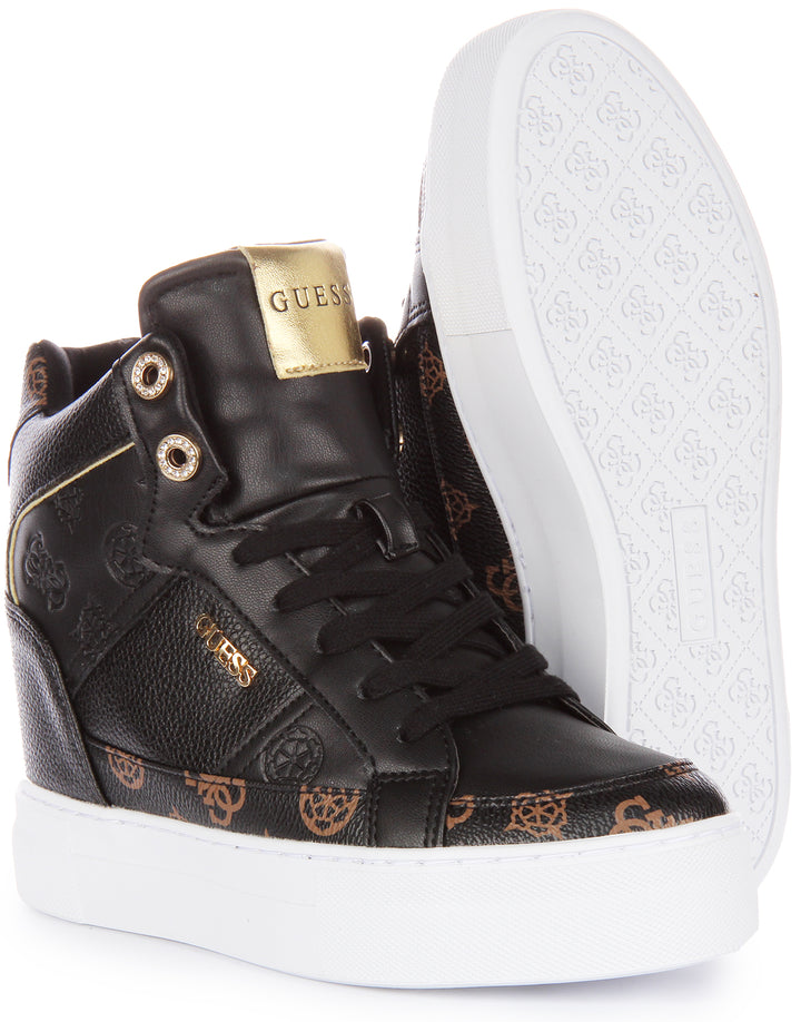 Guess Fridan Zapatillas con cordones 4G peony logo estampado piel sintética con cuña para mujer en negro marrón