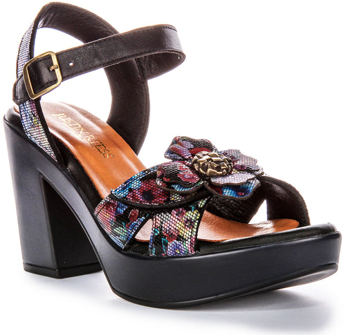 Zapatos de Tacón de Cuero para Mujer  Tacón Abierto Floral en Flor Negra de Justinreess