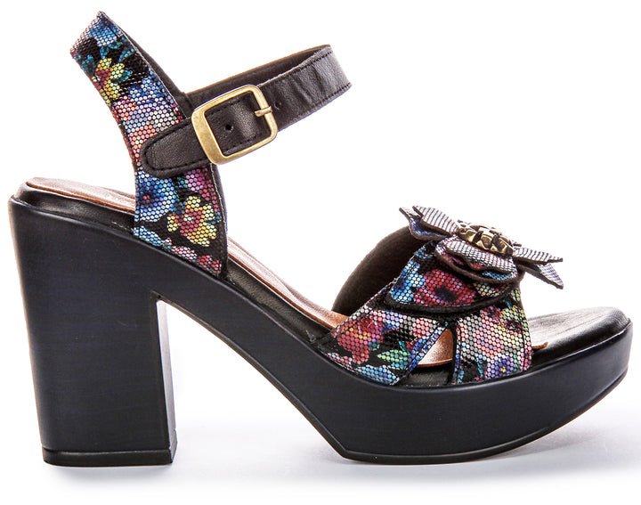 Chaussures à talons en cuir pour femme Justinreess  Talon ouvert floral en fleur noire