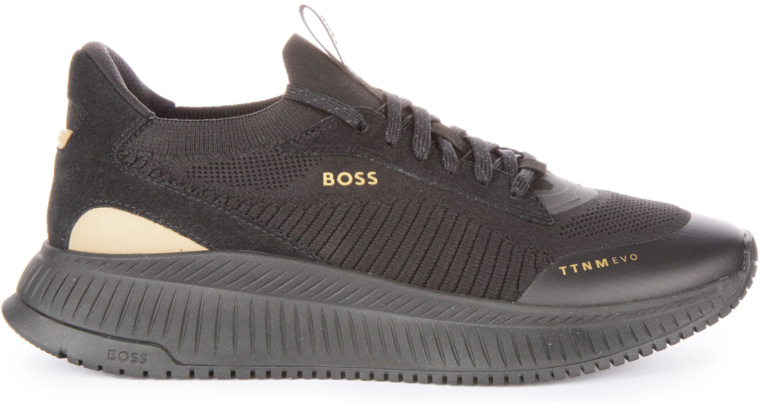 Boss TTNM Evo Slon KNSD Herren Schnürung Gestrickte Socke Turnschuhe Schwarz Gold