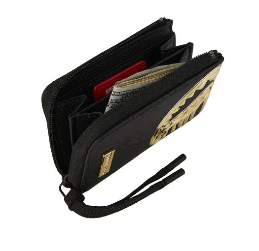 Sprayground Gold And Dangerous Wallet In Black Gold Drip
