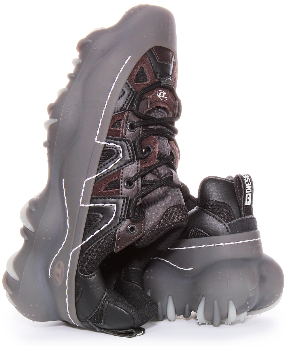 Diesel Sneaker in pelle e mesh con gabbia in gomma strutturata strato strato SPrototype P1 Utility Layered per uomo in nero grigio