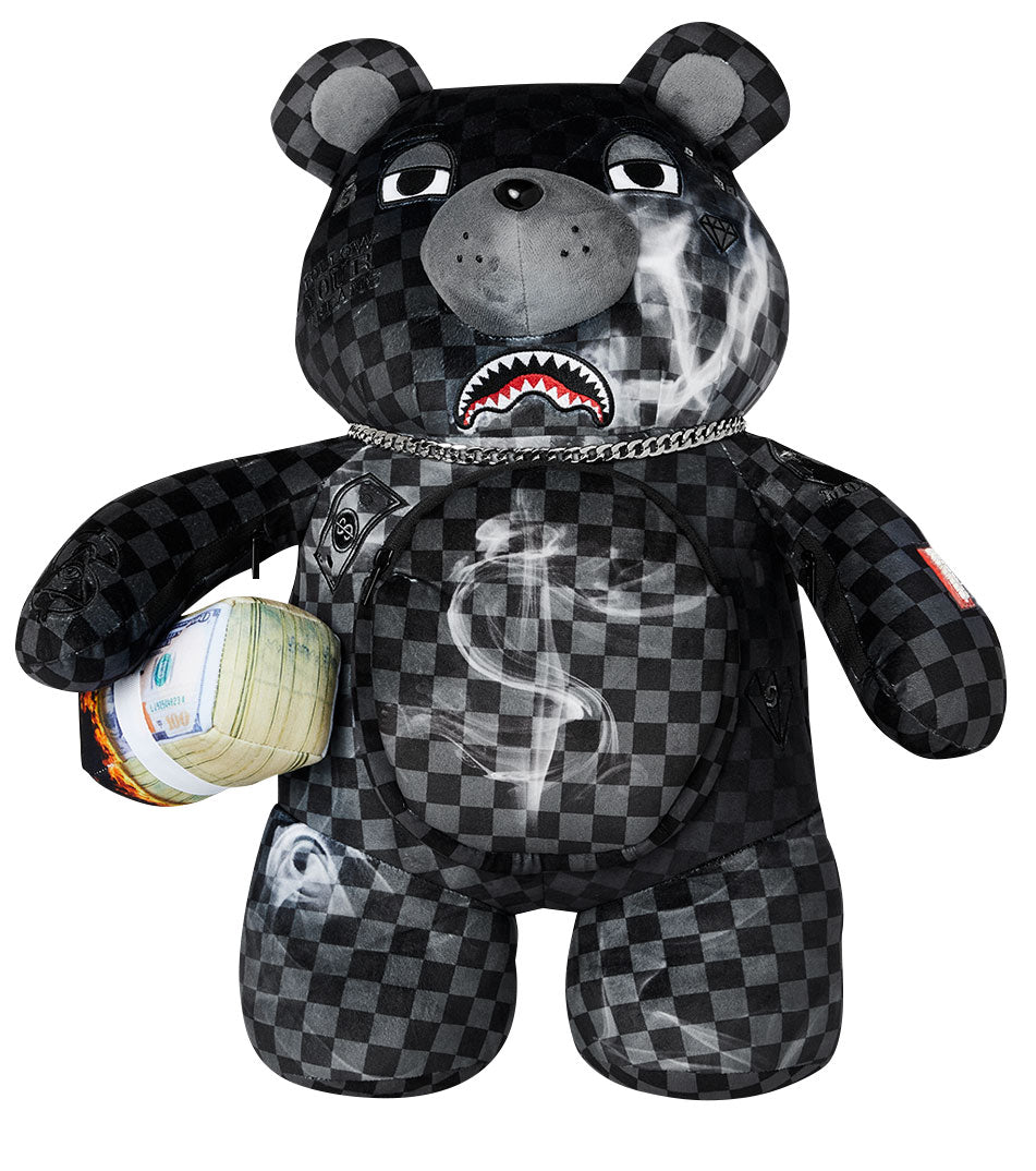Sprayground Sip N' Smoke Moneybear Backpack In Black Grey Check