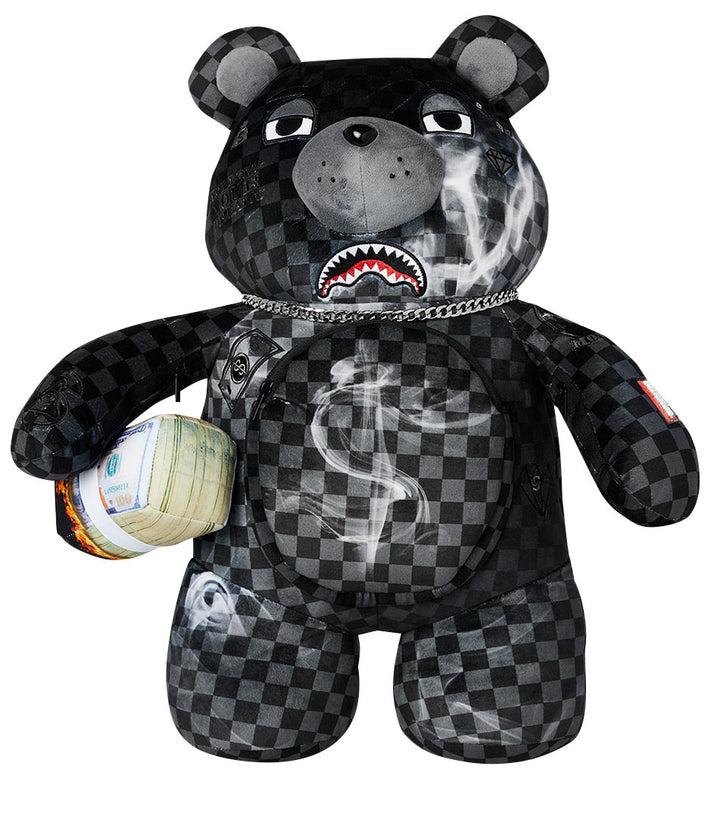 Sprayground Sip N' Smoke Moneybear Backpack In Black Grey Check