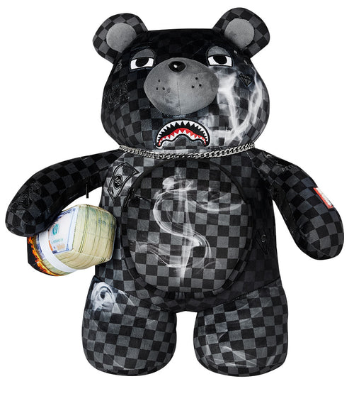 Sprayground Sip N' Smoke Moneybear Backpack In Black Grey Check