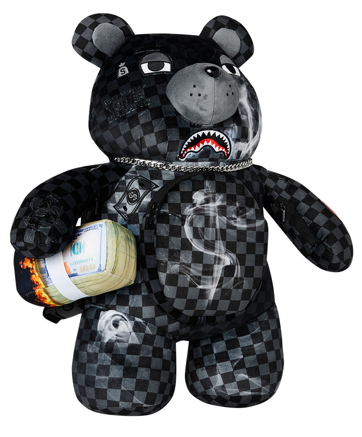 Sprayground Sip N' Smoke Moneybear Backpack In Black Grey Check