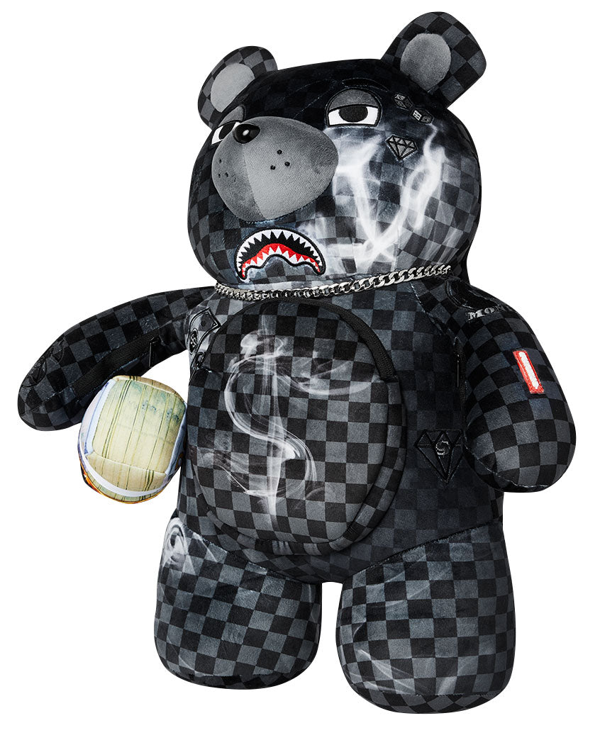 Sprayground Sip N' Smoke Moneybear Backpack In Black Grey Check