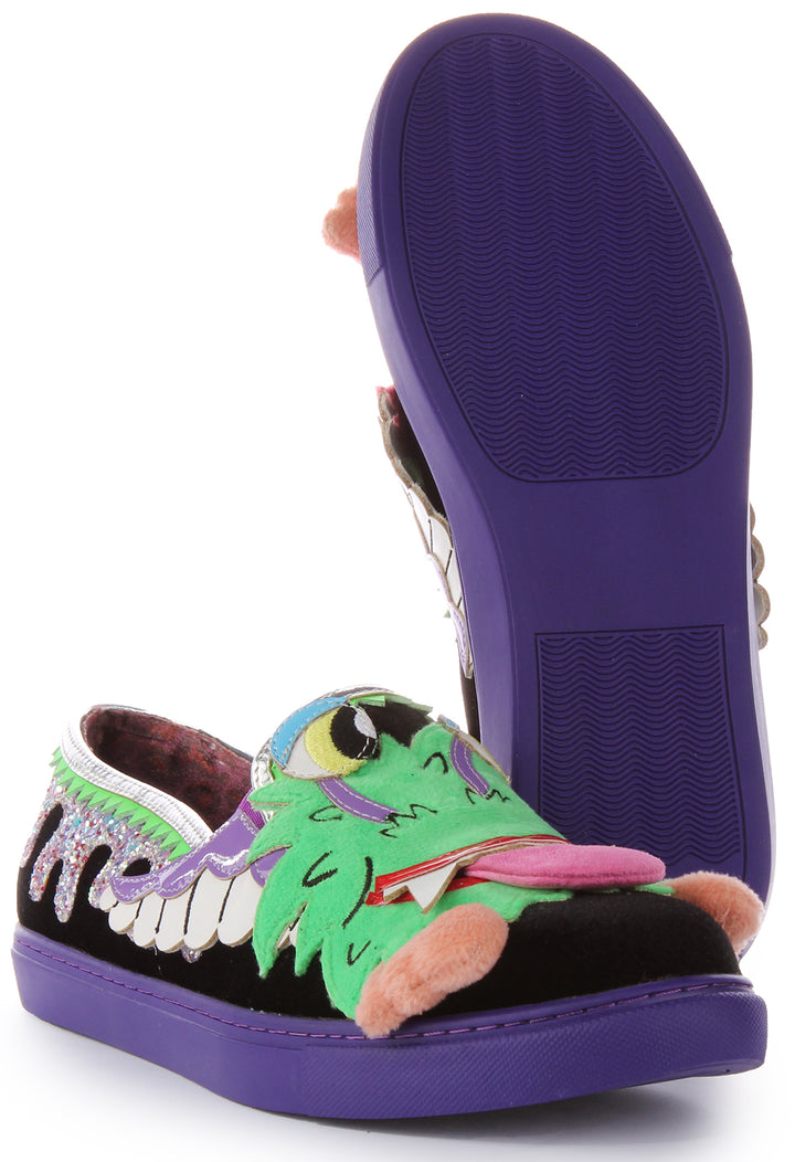 Irregular Choice Slime Time Zapatillas sin cordones con aplique 3D monstruo para mujer en negro multi